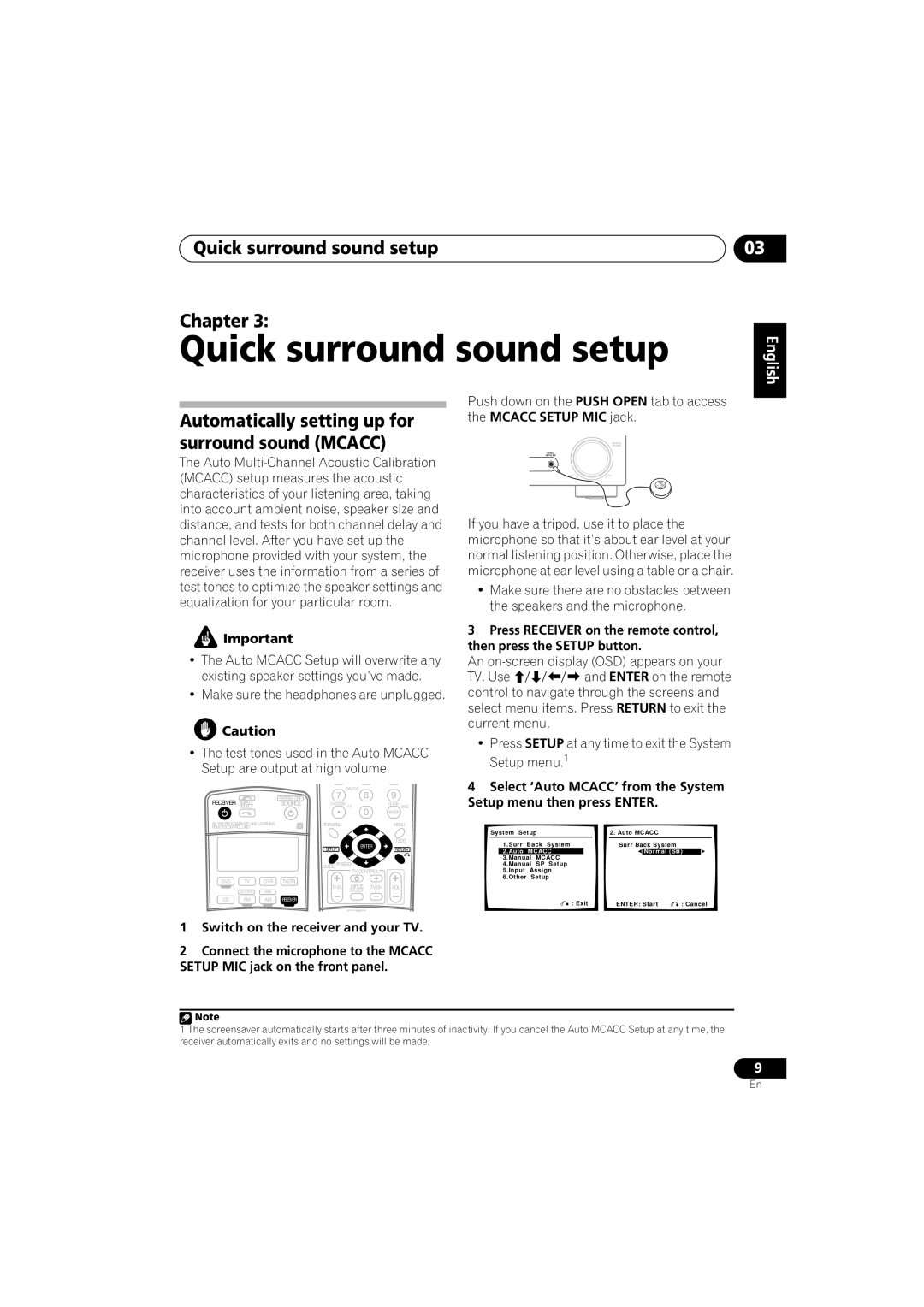 Pioneer VSX-916-K, VSX-916-S Quick surround sound setup Chapter, Automatically setting up for surround sound Mcacc 