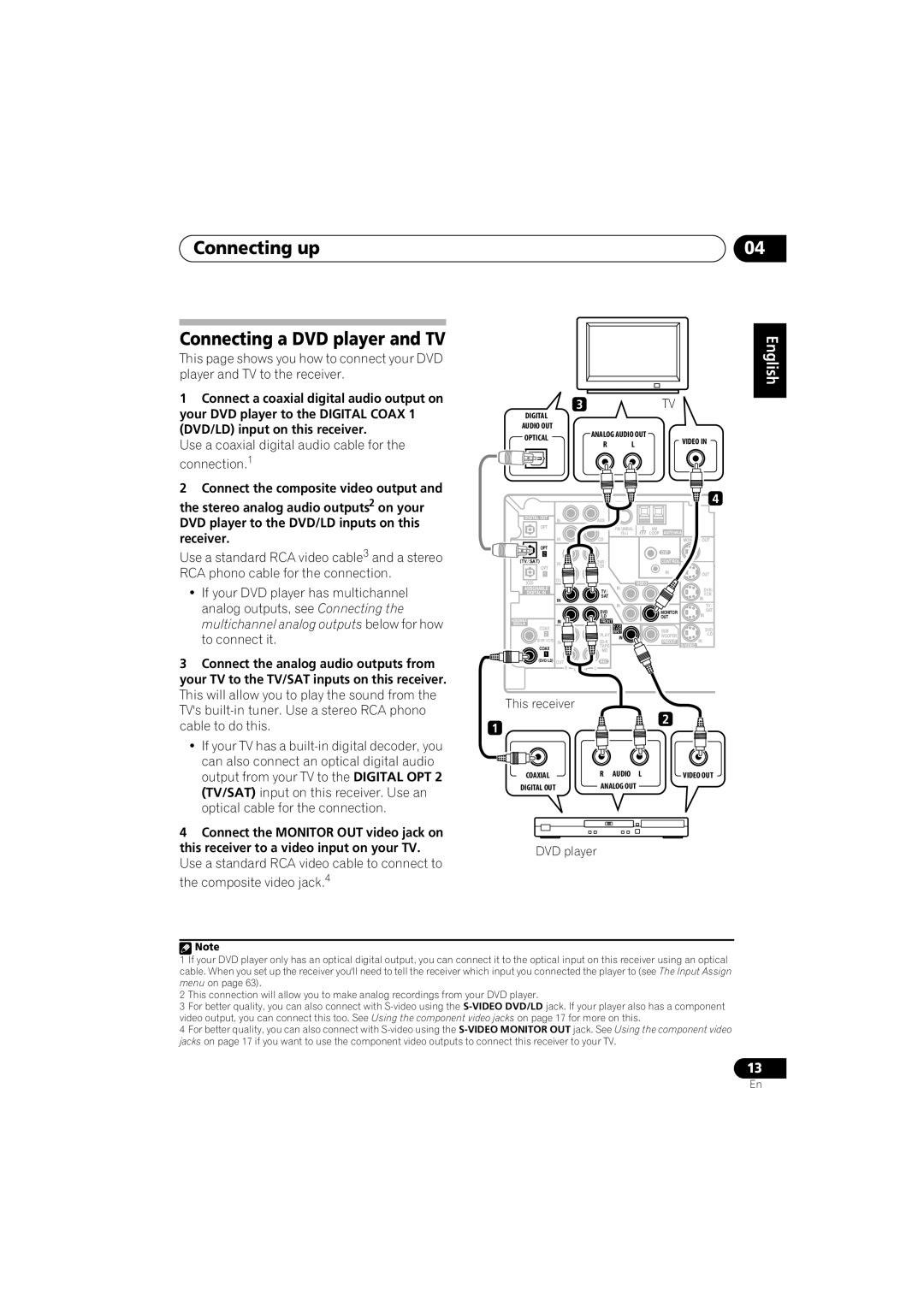 Pioneer VSX-916-K, VSX-916-S operating instructions Connecting up Connecting a DVD player and TV, English 