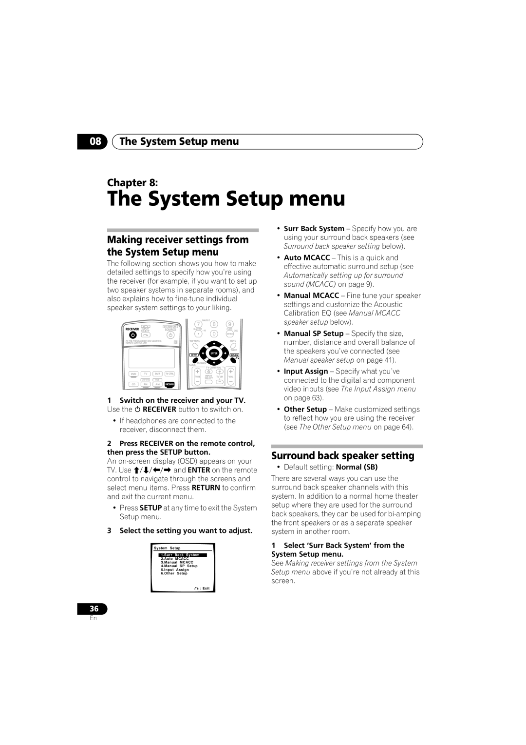 Pioneer VSX-916-S 08The System Setup menu Chapter, Surround back speaker setting below, sound MCACC on page 