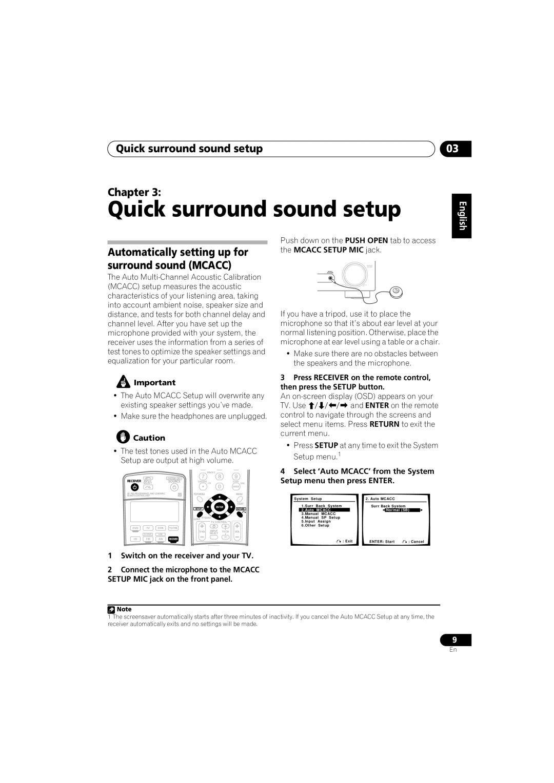 Pioneer VSX-916-K Quick surround sound setup Chapter, Automatically setting up for surround sound MCACC, Español 