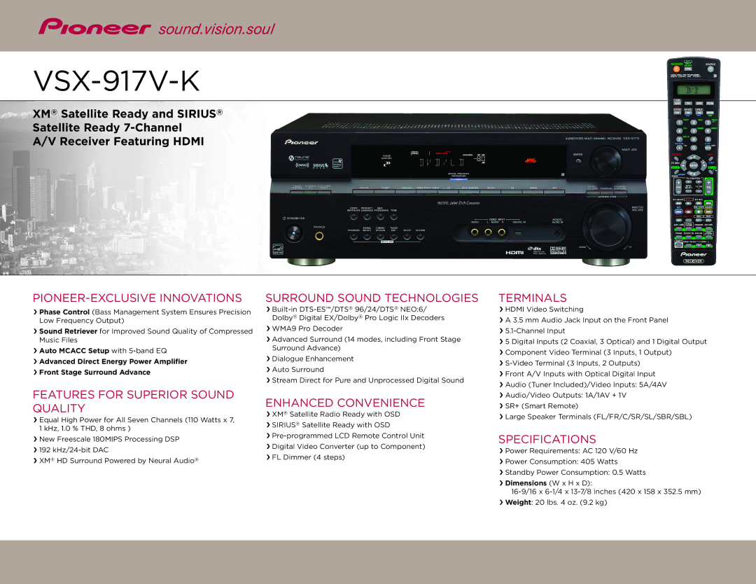 Pioneer VSX-917-S dimensions Pioneer-Exclusive Innovations, Features for Superior Sound Quality, Enhanced Convenience 