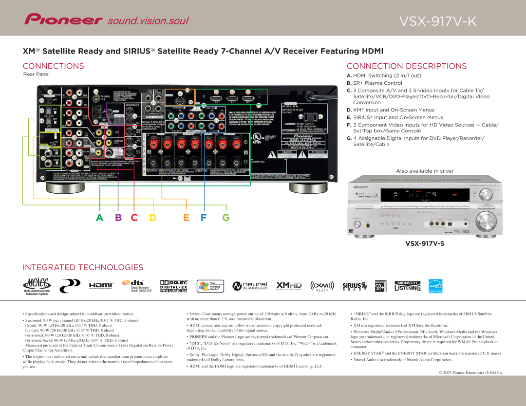 Pioneer VSX-917-S dimensions Connections, Connection Descriptions, Integrated Technologies 