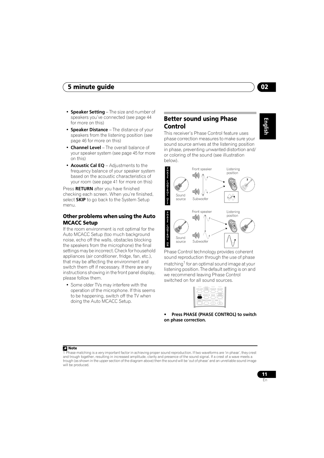 Pioneer VSX-917V-S/-K manual Better sound using Phase Control, Other problems when using the Auto Mcacc Setup 