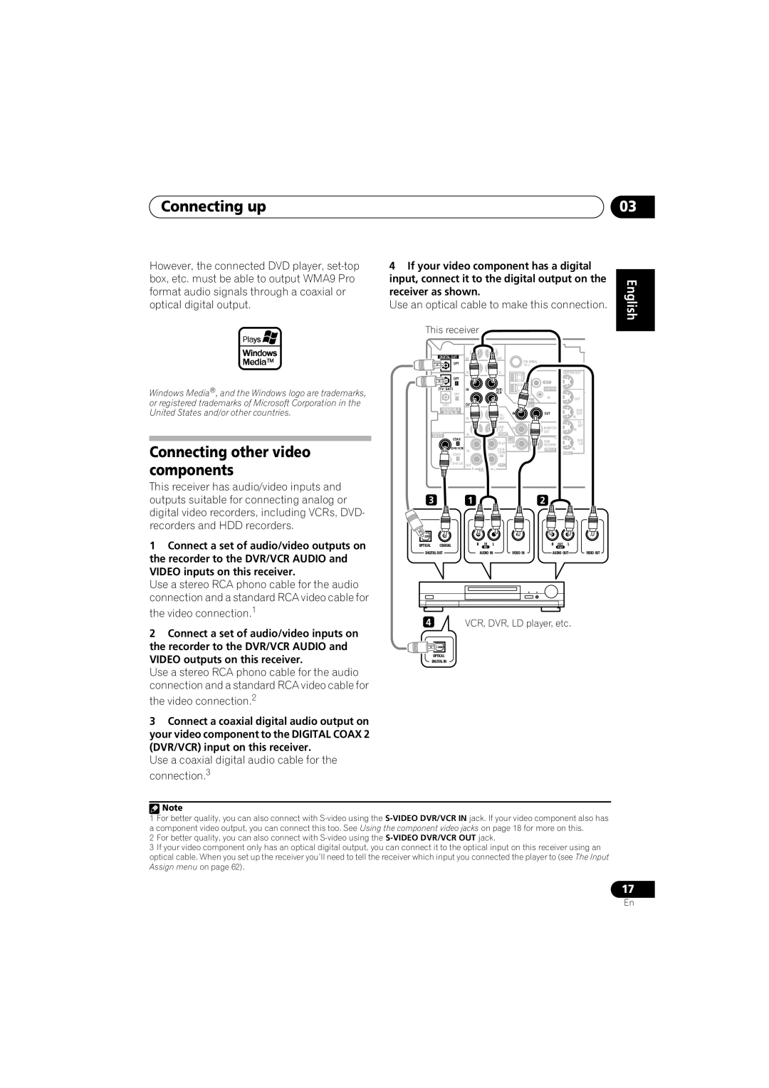 Pioneer VSX-917V-S/-K manual Connecting other video components, Use a coaxial digital audio cable for the connection.3 