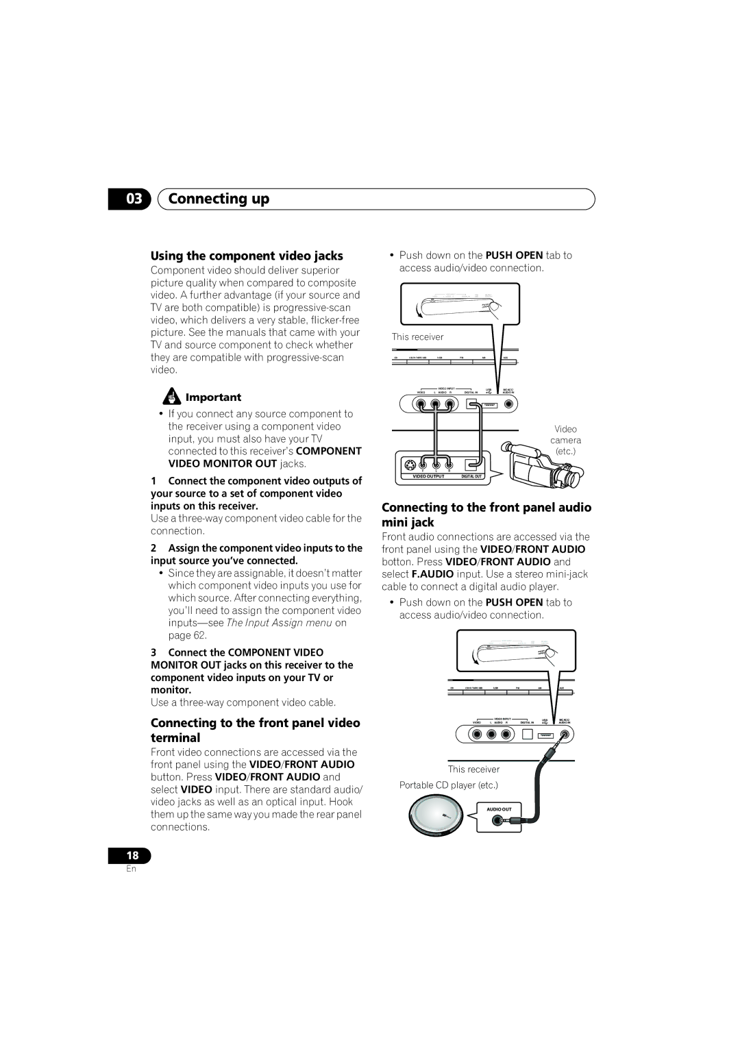 Pioneer VSX-917V-S/-K manual Using the component video jacks, Connecting to the front panel video terminal 