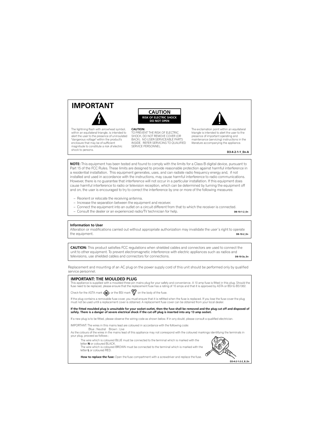 Pioneer VSX-917V-S/-K manual Important the Moulded Plug, Risk of Electric Shock Do not Open 