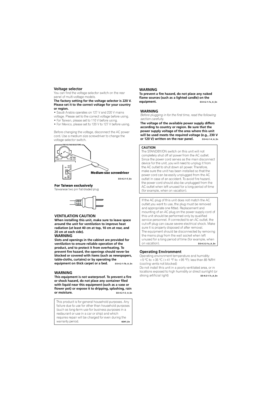 Pioneer VSX-917V-S/-K manual Voltage selector, Ventilation Caution, Operating Environment 