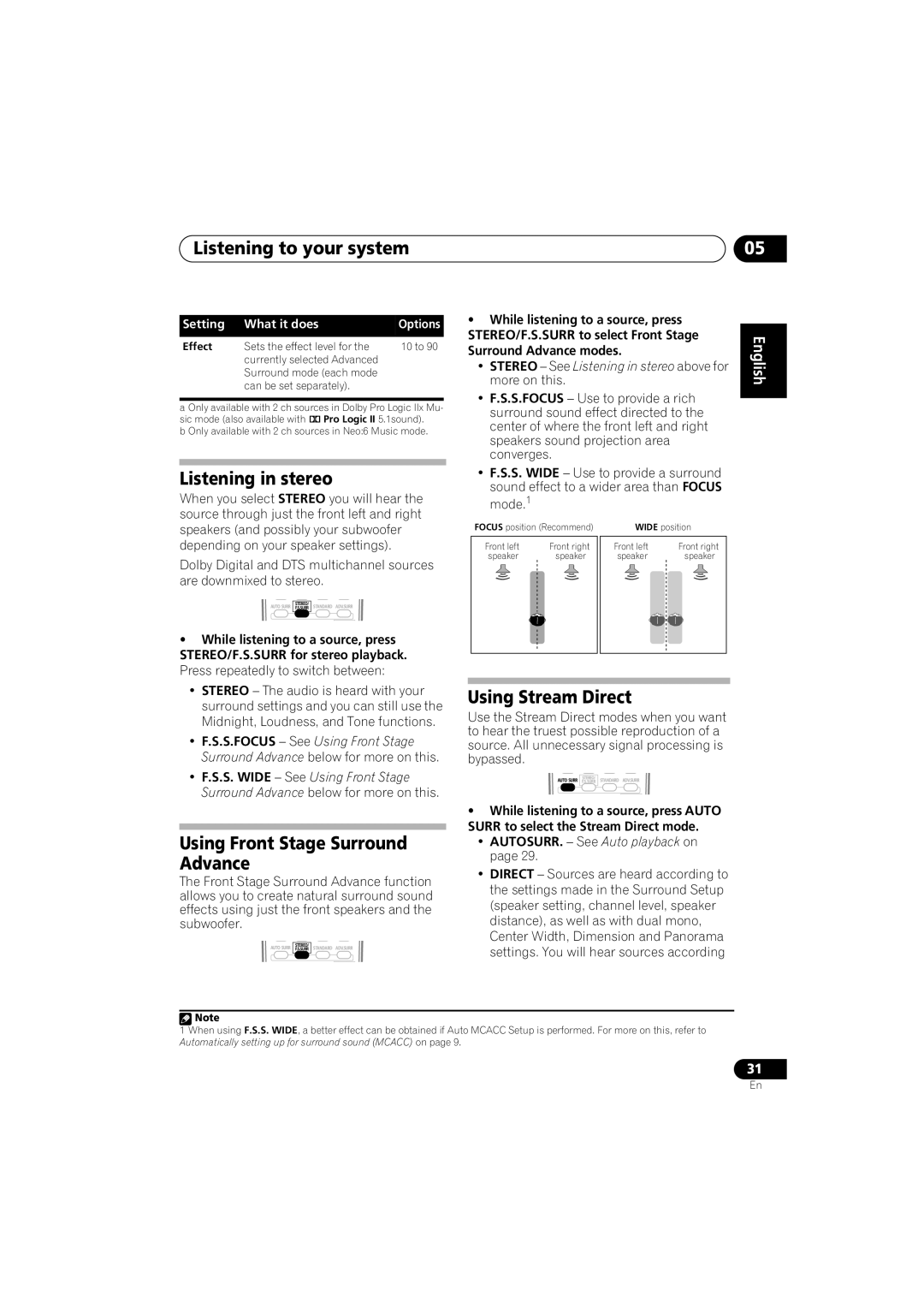 Pioneer VSX-917V-S/-K Listening in stereo, Using Stream Direct, Using Front Stage Surround Advance, Surround Advance modes 