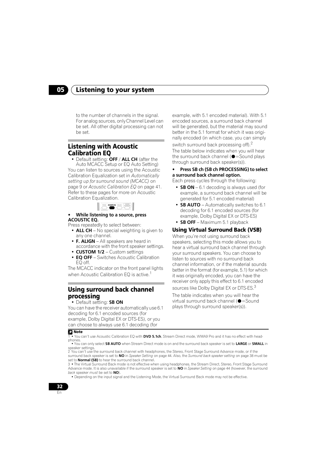 Pioneer VSX-917V-S/-K manual Listening with Acoustic Calibration EQ, Using surround back channel processing 