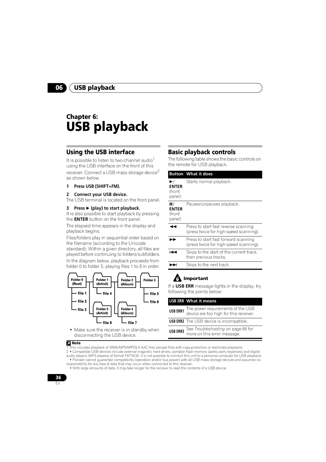 Pioneer VSX-917V-S/-K manual USB playback Chapter, Using the USB interface, Basic playback controls 