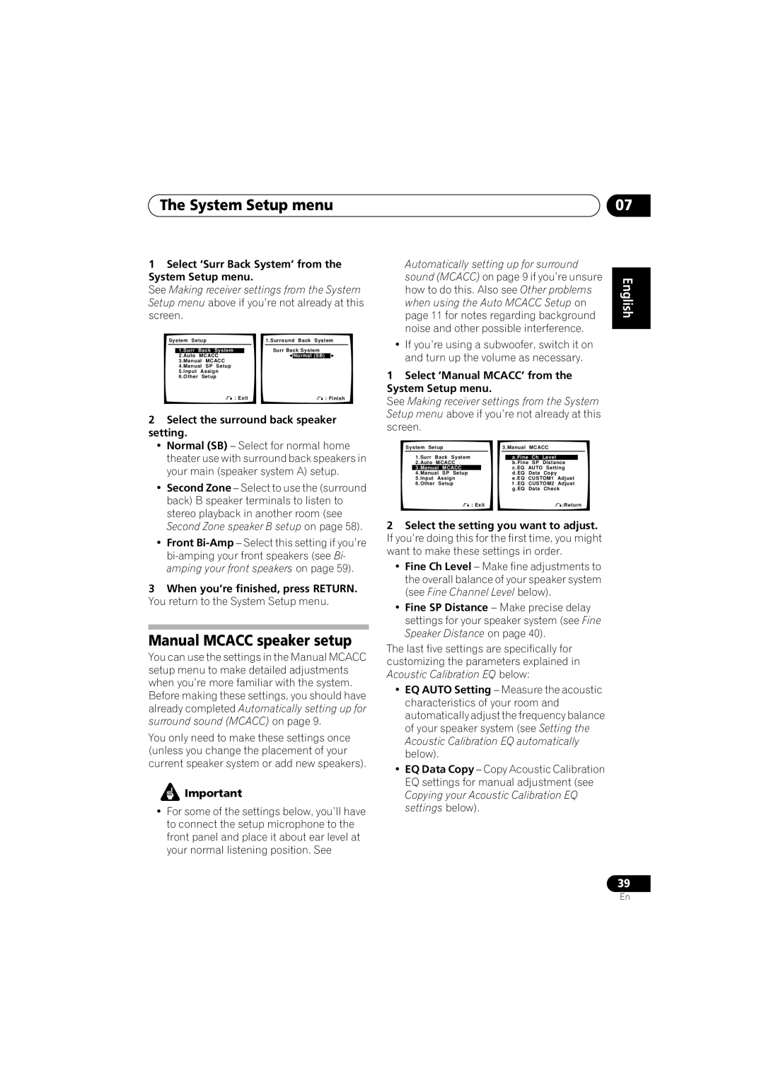 Pioneer VSX-917V-S/-K manual System Setup menu, Manual Mcacc speaker setup 