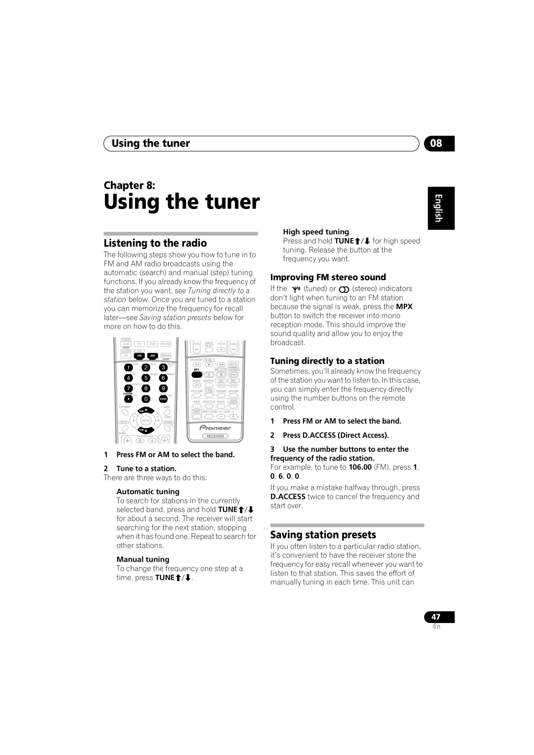 Pioneer VSX-917V-S/-K manual Using the tuner Chapter, Listening to the radio, Saving station presets 