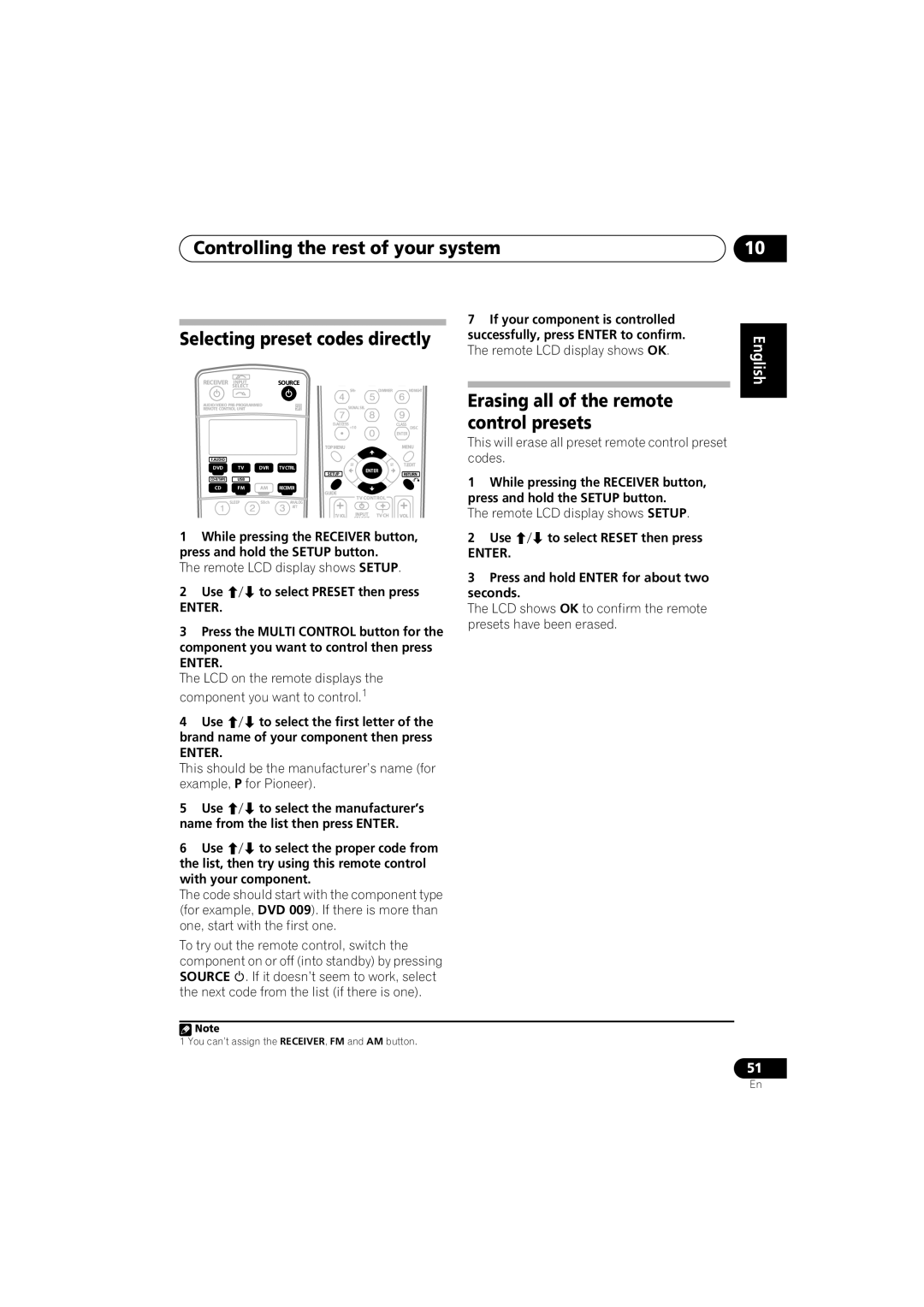 Pioneer VSX-917V-S/-K manual Erasing all of the remote control presets, Use, Name from the list then press Enter 