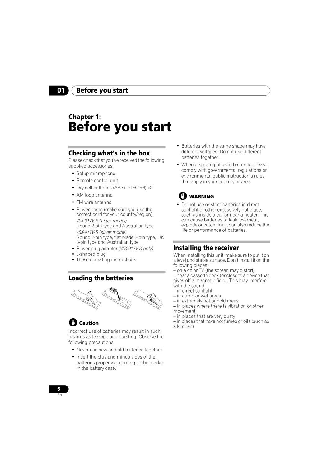 Pioneer VSX-917V-S/-K manual Before you start Chapter, Checking what’s in the box, Loading the batteries 