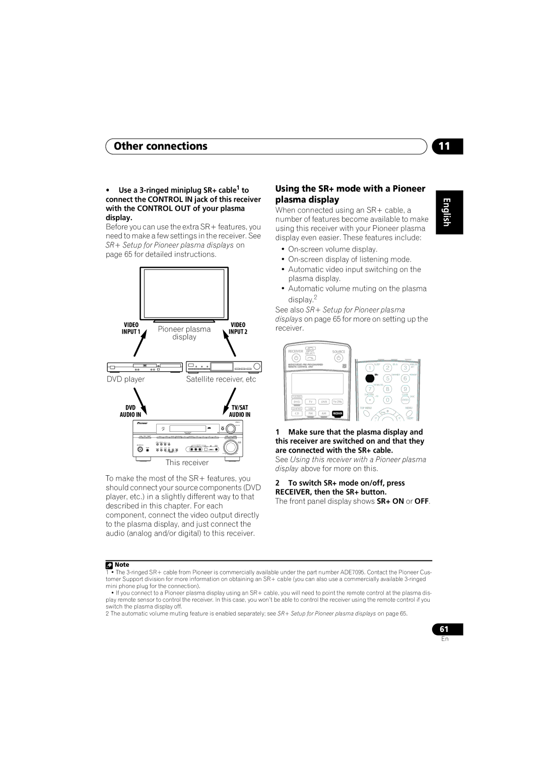 Pioneer VSX-917V-S/-K manual Using the SR+ mode with a Pioneer plasma display, Display, DVD player Satellite receiver, etc 