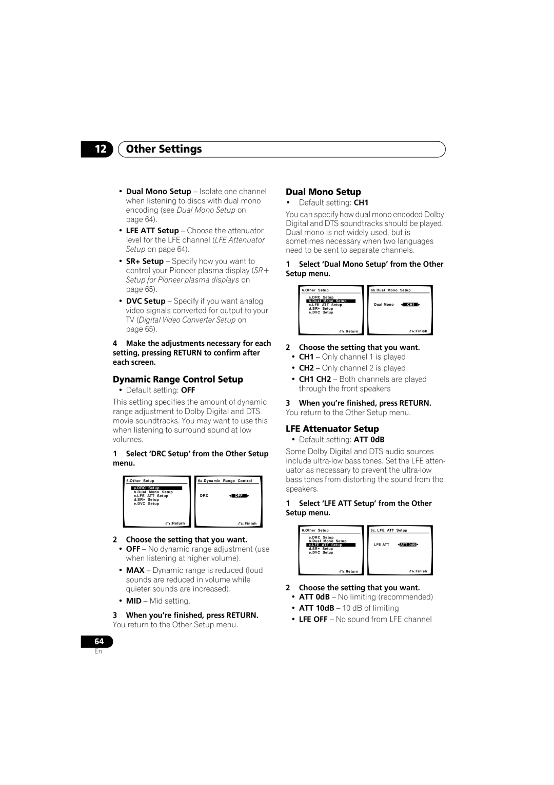 Pioneer VSX-917V-S/-K manual Dynamic Range Control Setup, Dual Mono Setup, LFE Attenuator Setup 