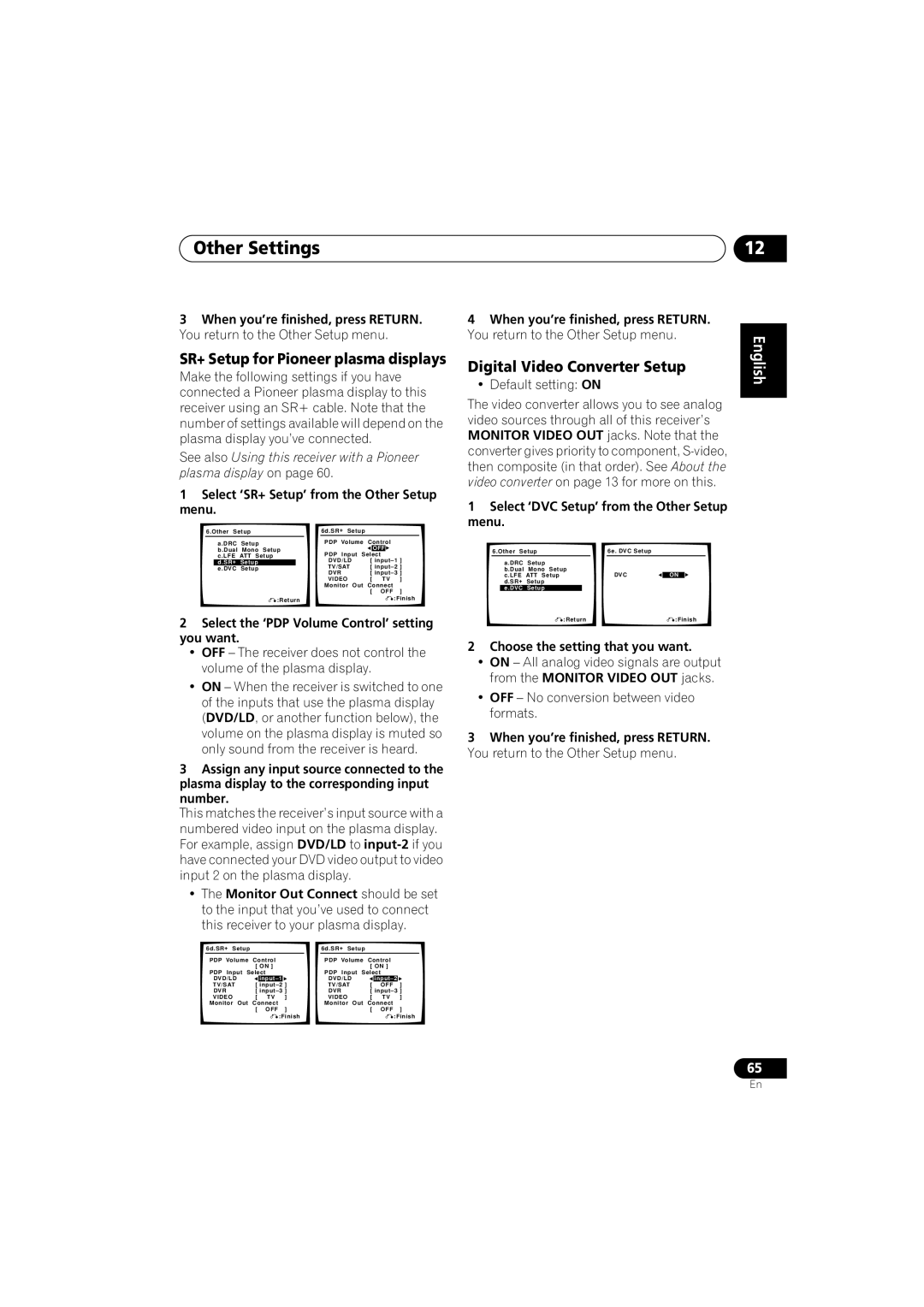 Pioneer VSX-917V-S/-K manual SR+ Setup for Pioneer plasma displays, Digital Video Converter Setup 