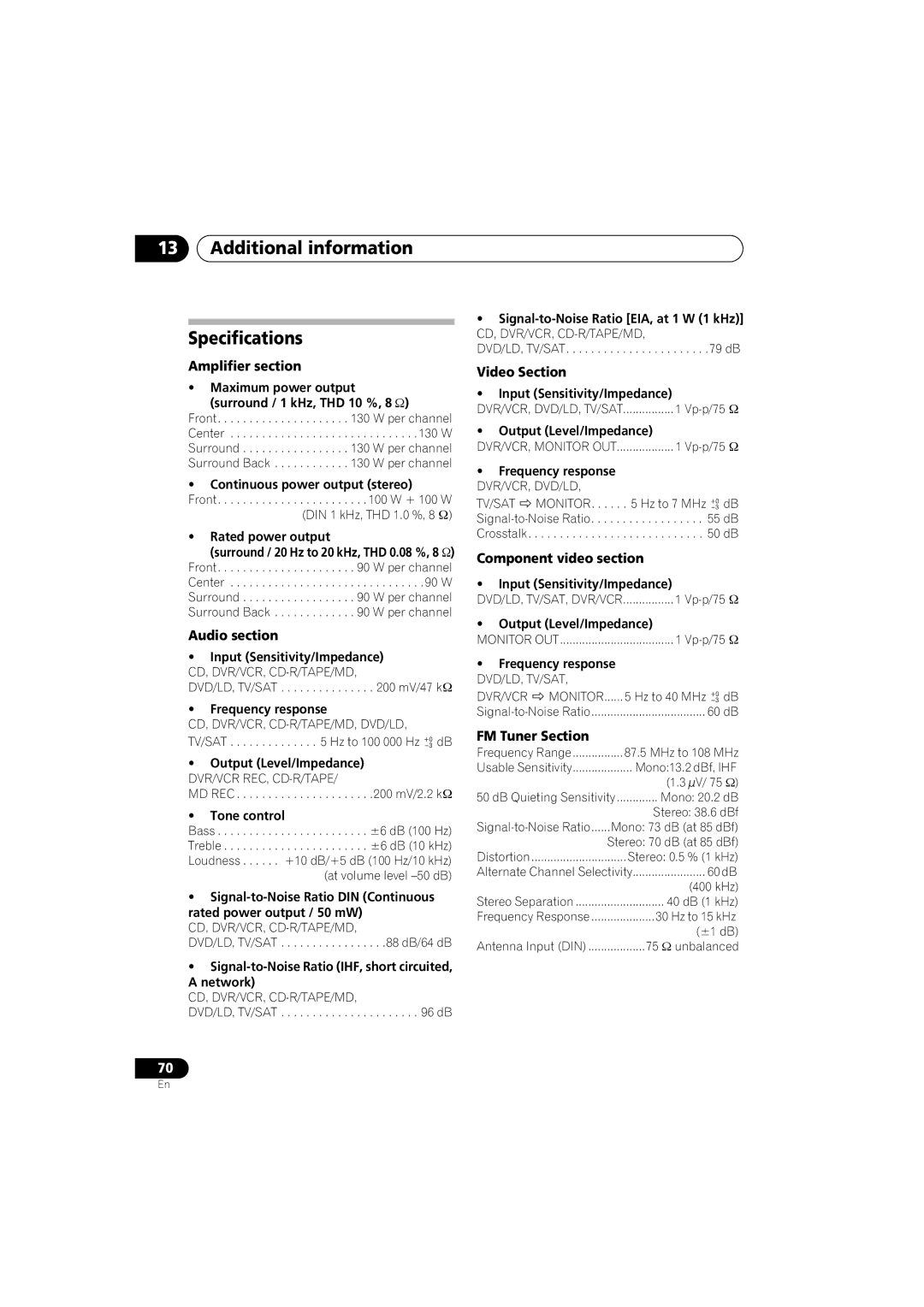 Pioneer VSX-917V-S/-K manual Additional information Specifications 