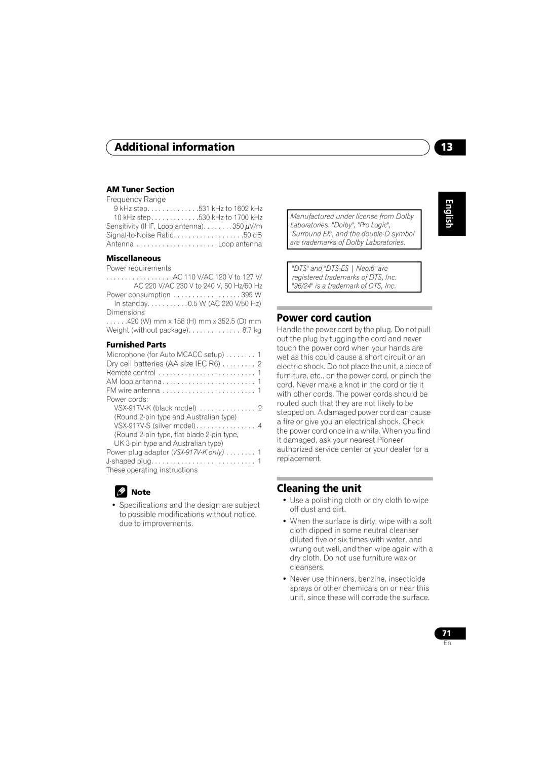 Pioneer VSX-917V-S/-K manual Power cord caution, Cleaning the unit, AM Tuner Section, Miscellaneous, Furnished Parts 