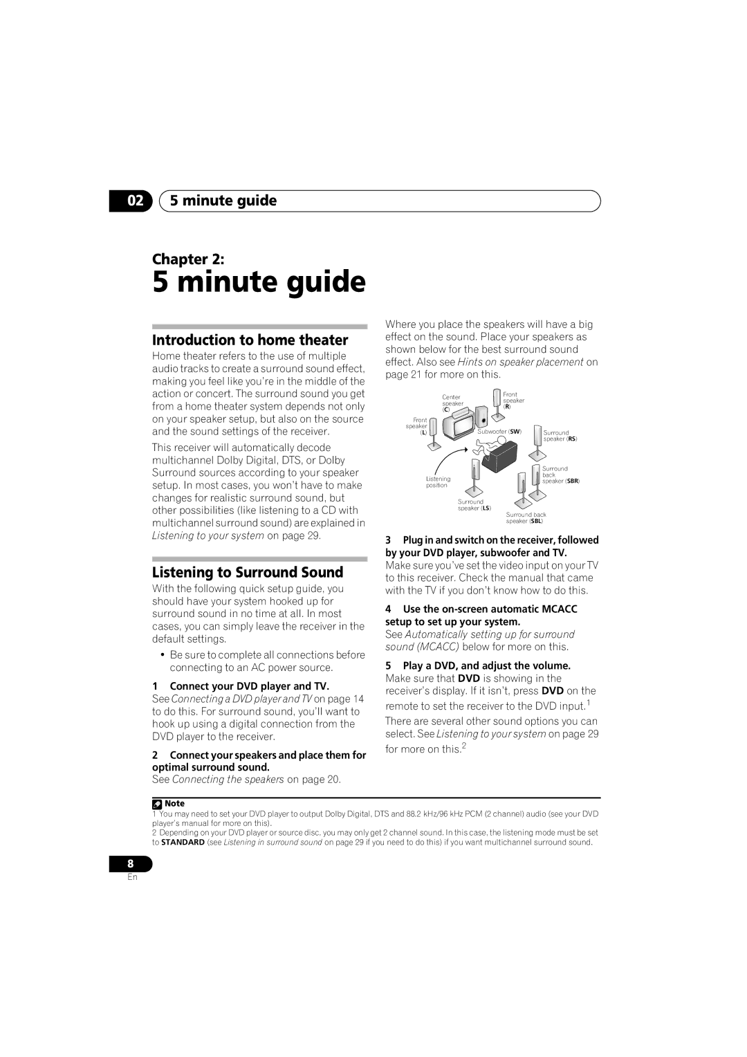 Pioneer VSX-917V-S/-K Minute guide, 02 5 minute guide Chapter, Introduction to home theater, Listening to Surround Sound 