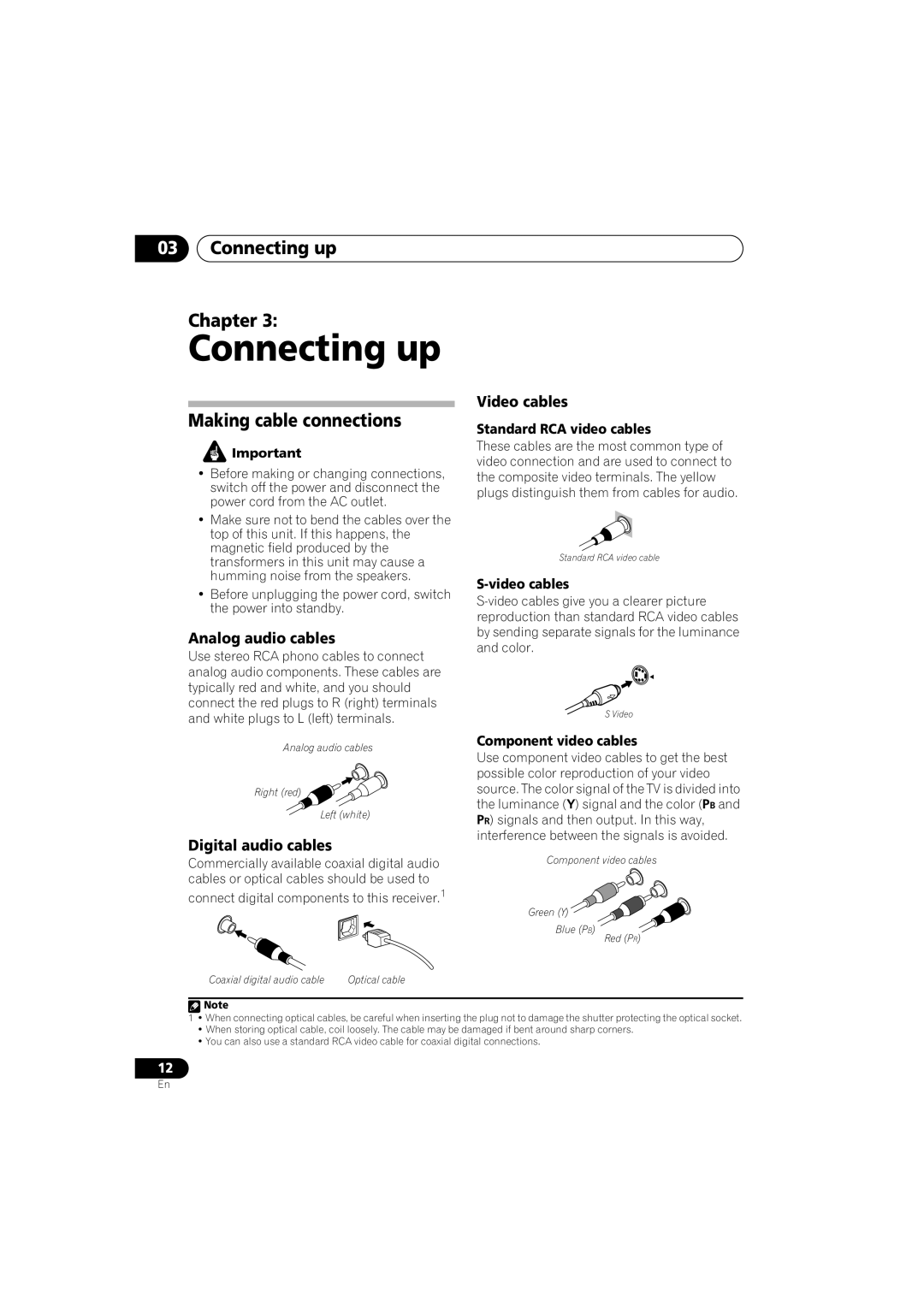 Pioneer VSX-917V-S/-K manual 03Connecting up Chapter, Making cable connections, Analog audio cables, Video cables 