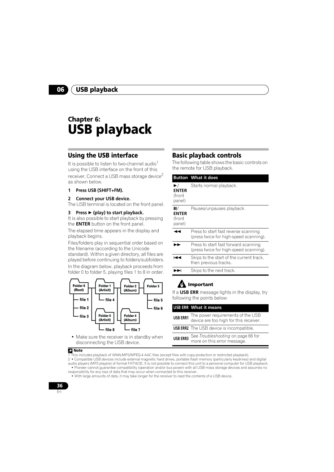Pioneer VSX-917V-S/-K 06USB playback Chapter, Using the USB interface, Basic playback controls, Button What it does 