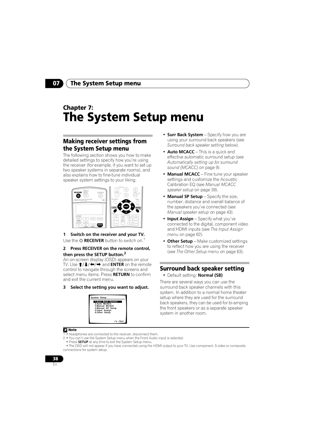 Pioneer VSX-917V-S/-K manual 07The System Setup menu Chapter, Surround back speaker setting 