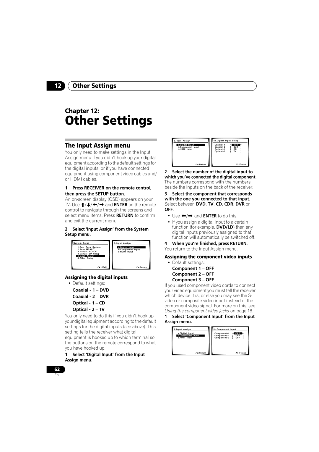 Pioneer VSX-917V-S/-K manual 12Other Settings Chapter, The Input Assign menu, Assigning the digital inputs 