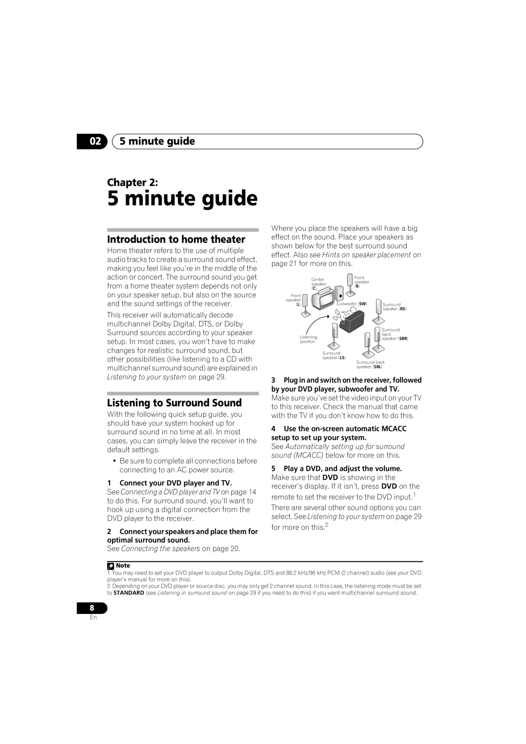 Pioneer VSX-917V-S/-K manual minute guide Chapter, Introduction to home theater, Listening to Surround Sound 