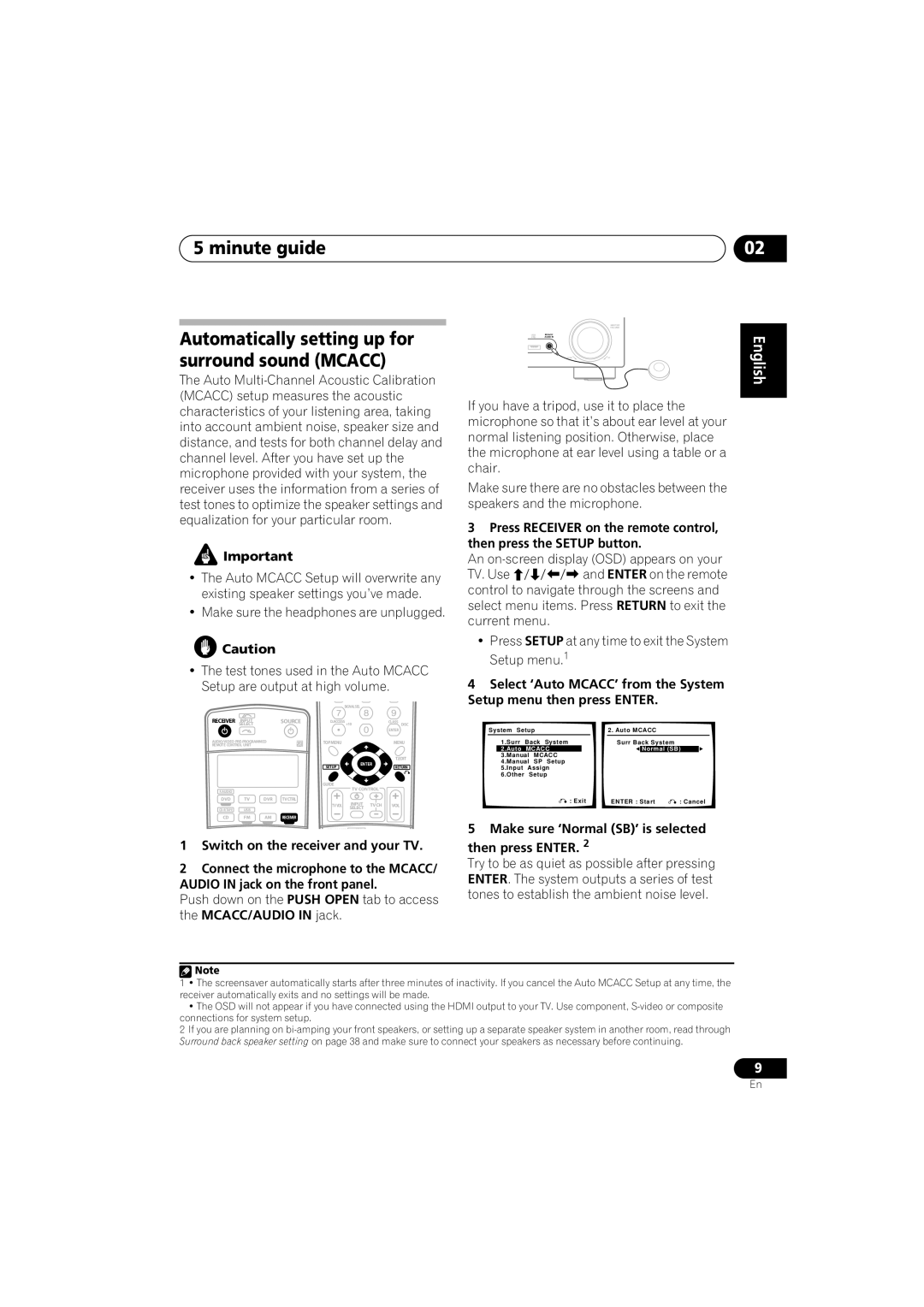 Pioneer VSX-917V-S/-K minute guide, Automatically setting up for surround sound MCACC, English Deutsch Français Italiano 