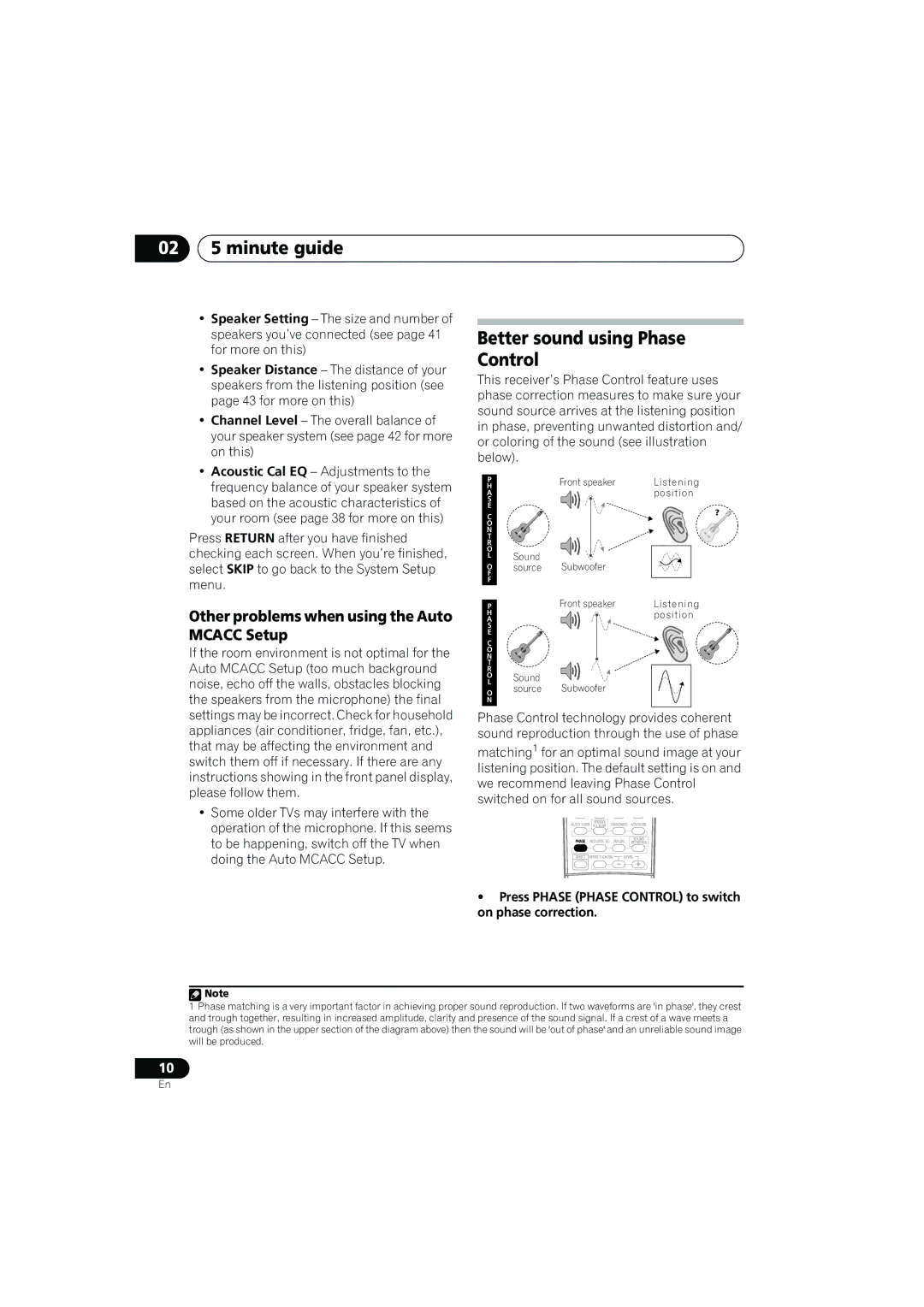 Pioneer VSX-917V manual Better sound using Phase Control, Other problems when using the Auto Mcacc Setup 