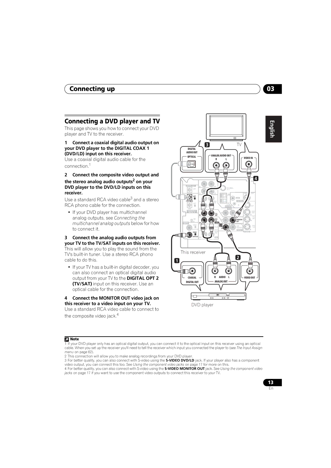 Pioneer VSX-917V manual Connecting up Connecting a DVD player and TV, English Deutsch, Français Italiano 