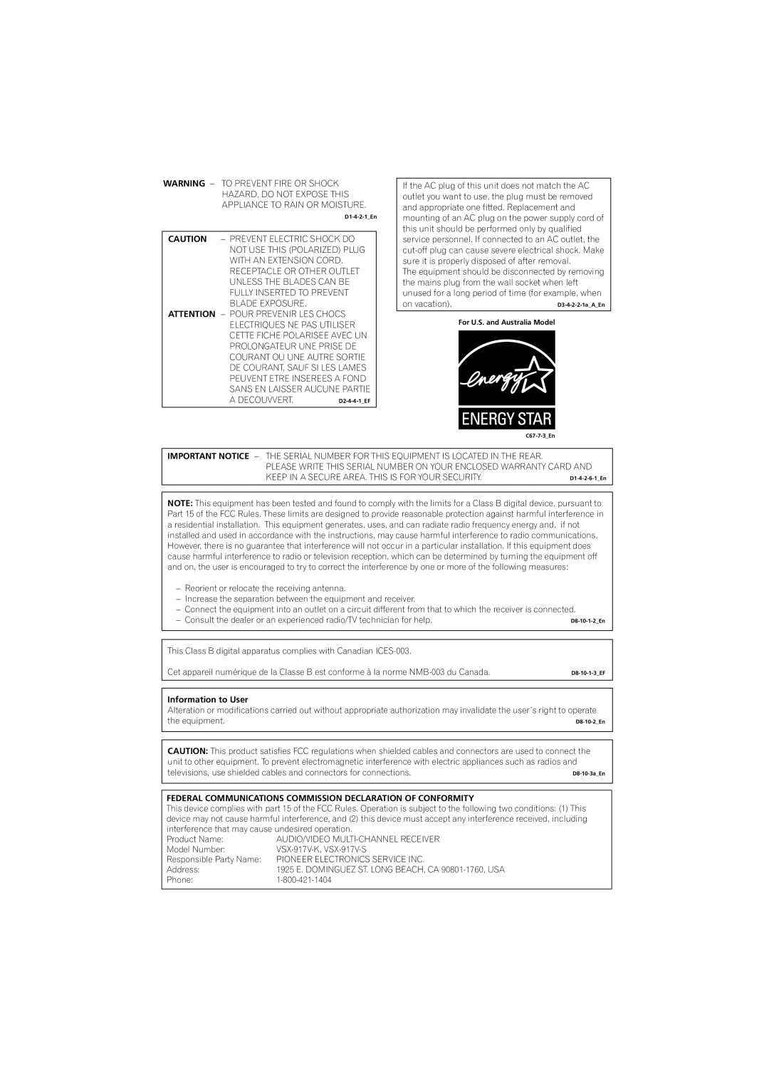 Pioneer VSX-917V manual Information to User, Federal Communications Commission Declaration of Conformity 