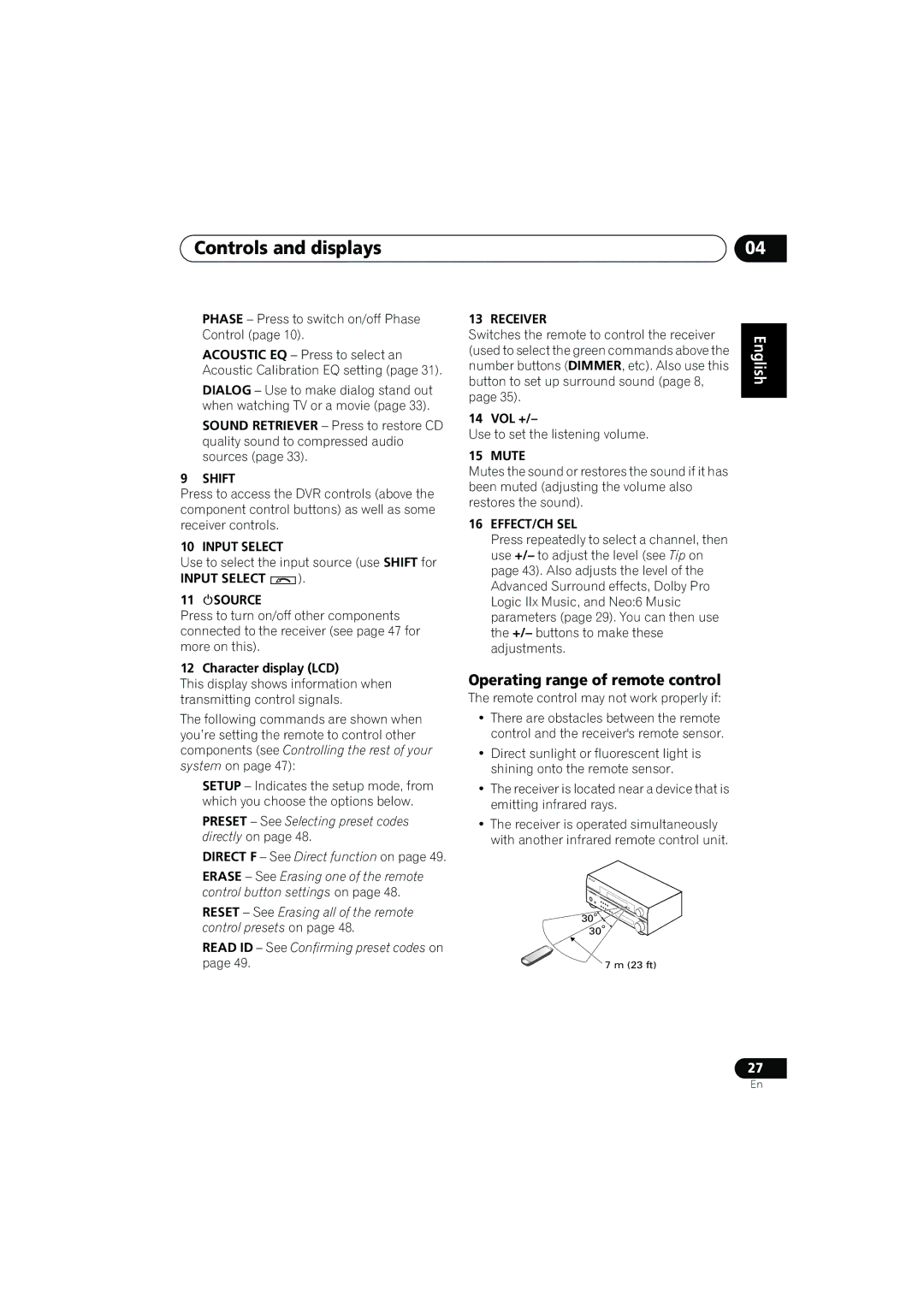 Pioneer VSX-917V manual Operating range of remote control 