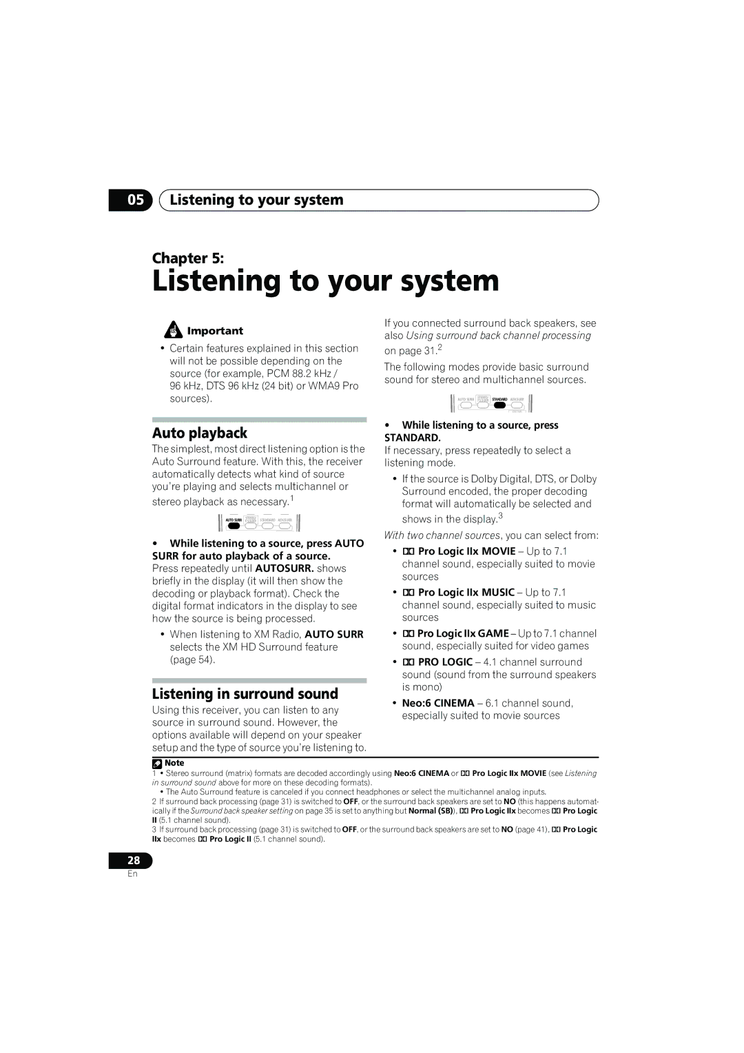 Pioneer VSX-917V manual Listening to your system Chapter, Auto playback, Listening in surround sound, Standard 