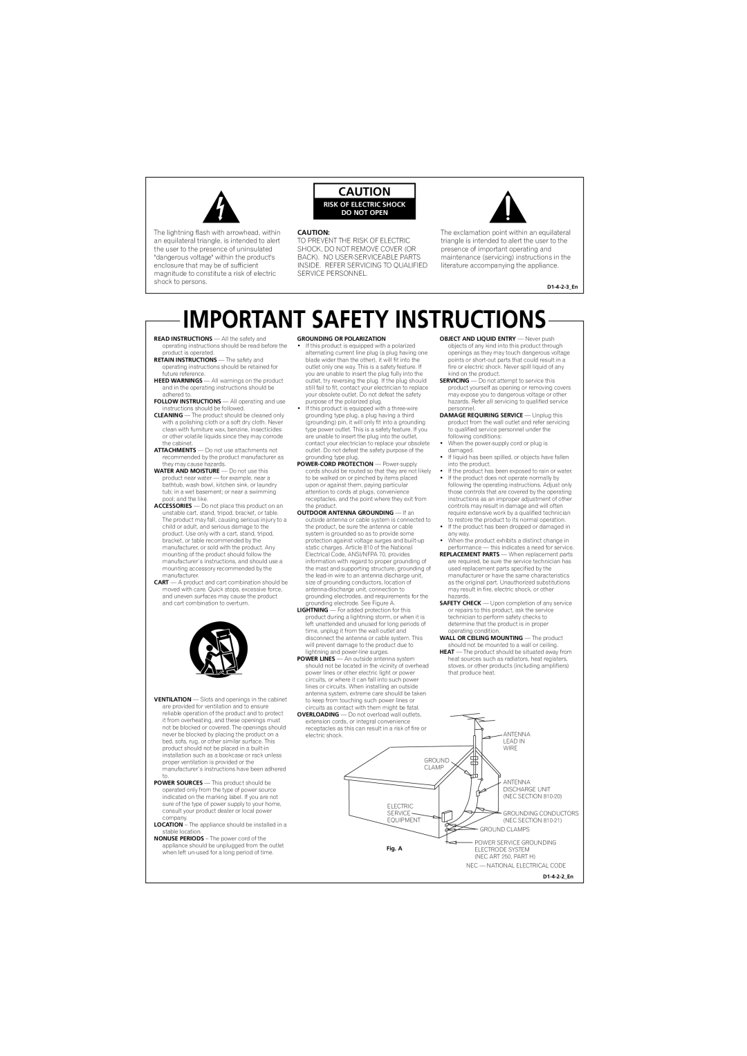 Pioneer VSX-917V manual Risk of Electric Shock Do not Open 