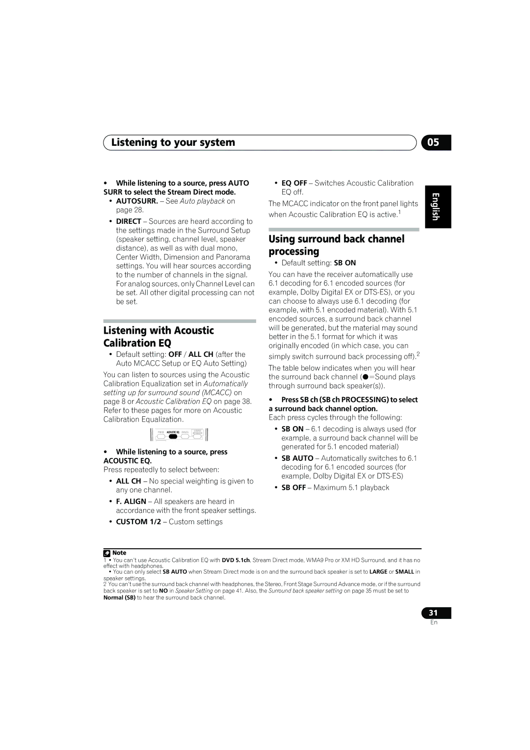 Pioneer VSX-917V manual Listening with Acoustic Calibration EQ, Using surround back channel processing 