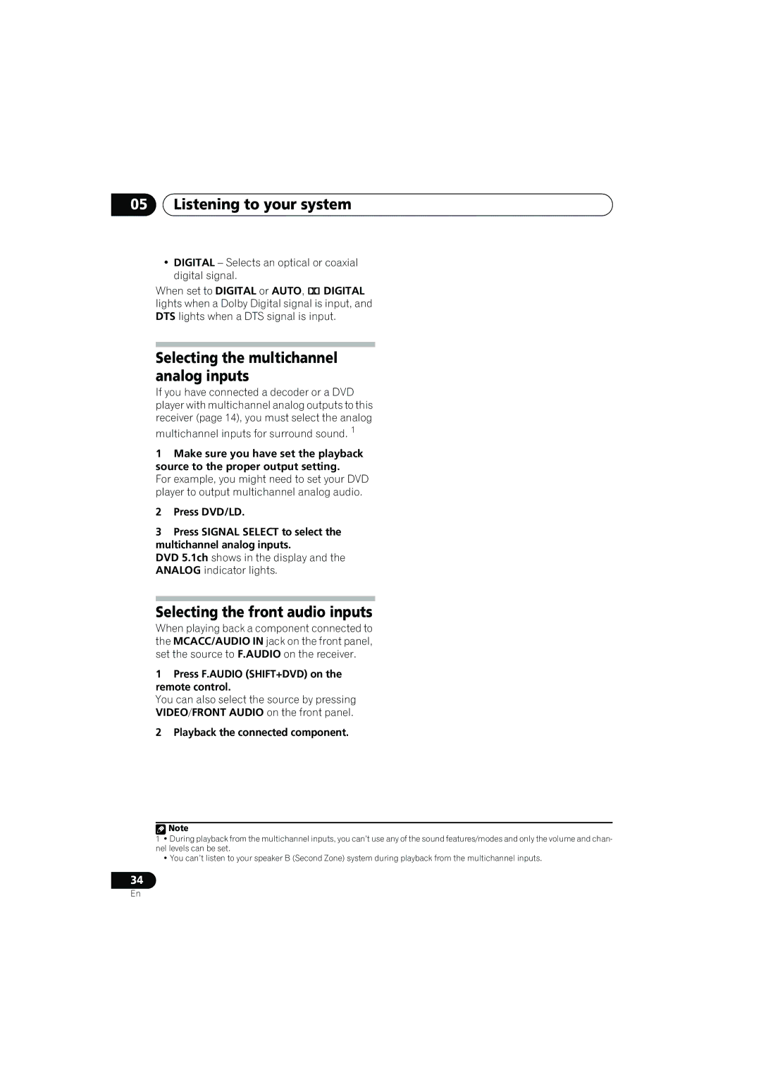 Pioneer VSX-917V manual Selecting the front audio inputs, Digital Selects an optical or coaxial digital signal 