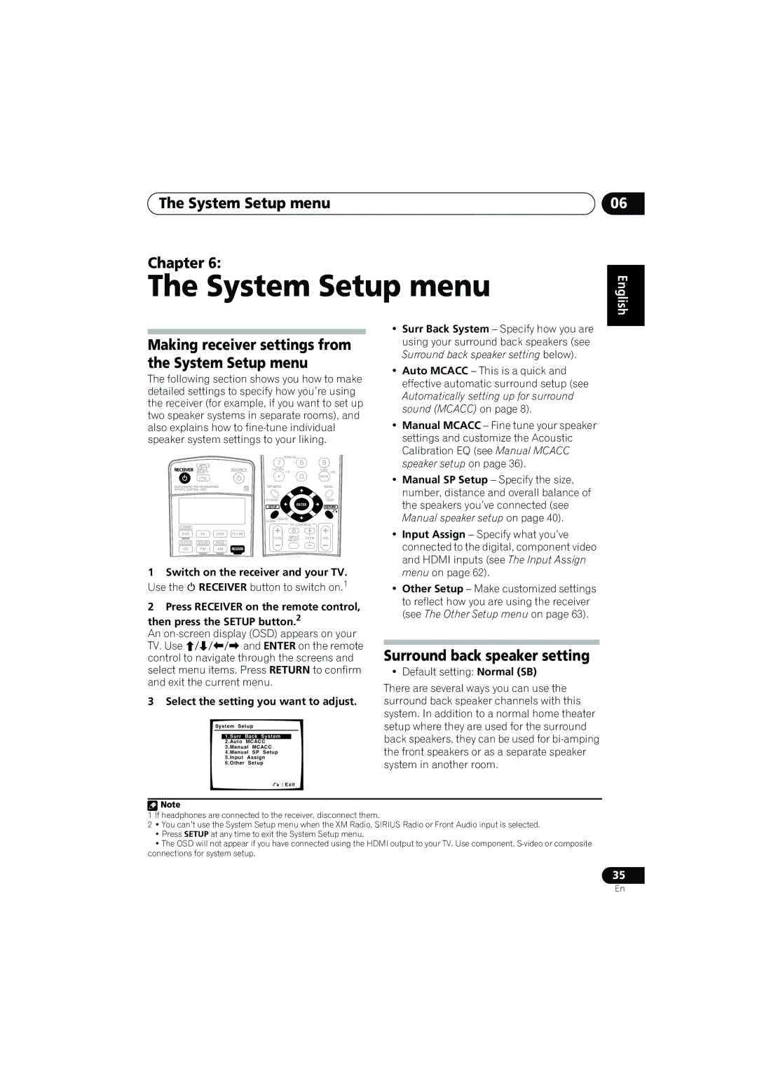 Pioneer VSX-917V manual System Setup menu Chapter, Surround back speaker setting, Select the setting you want to adjust 