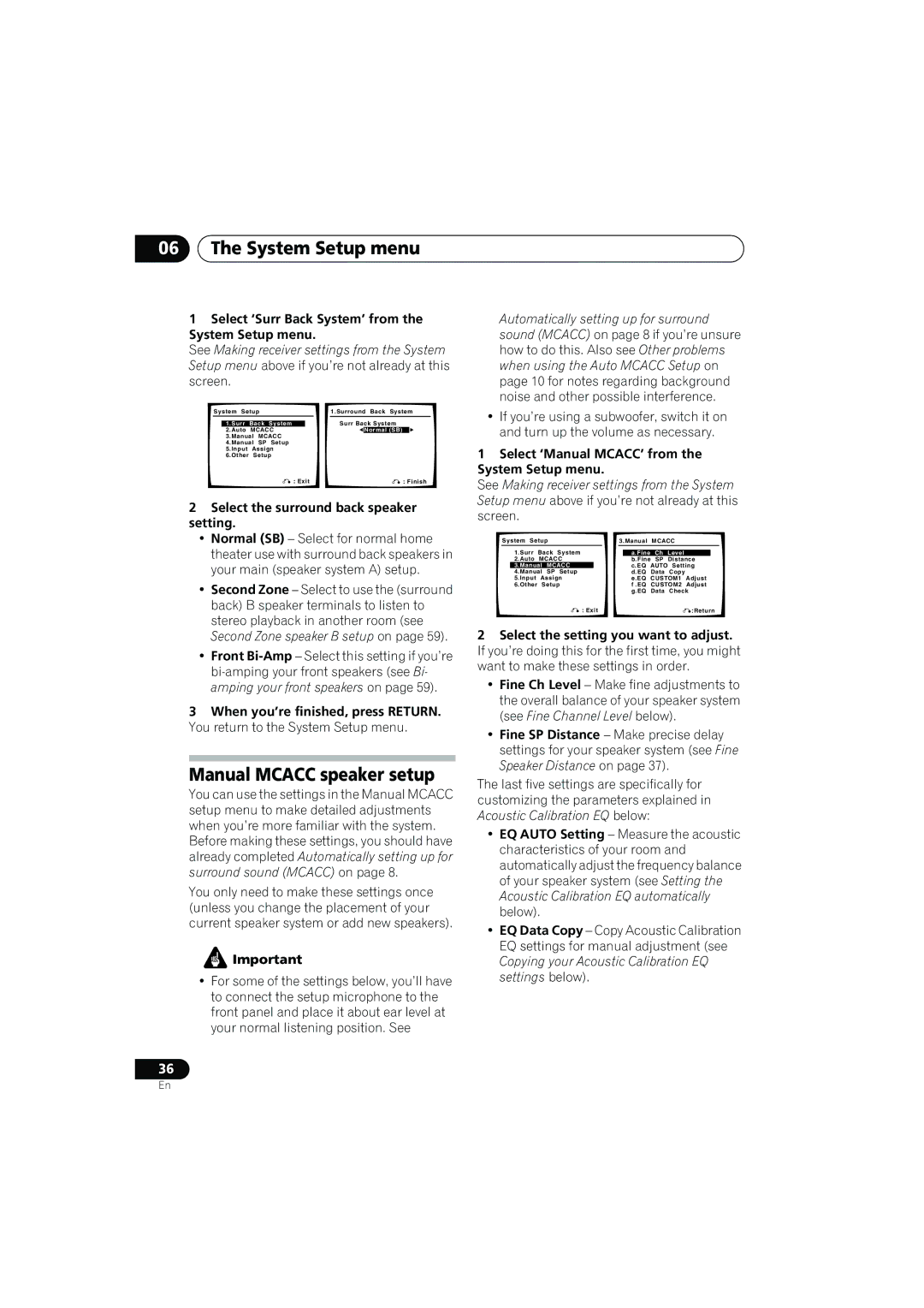 Pioneer VSX-917V manual Manual Mcacc speaker setup, Select ‘Surr Back System’ from the System Setup menu 