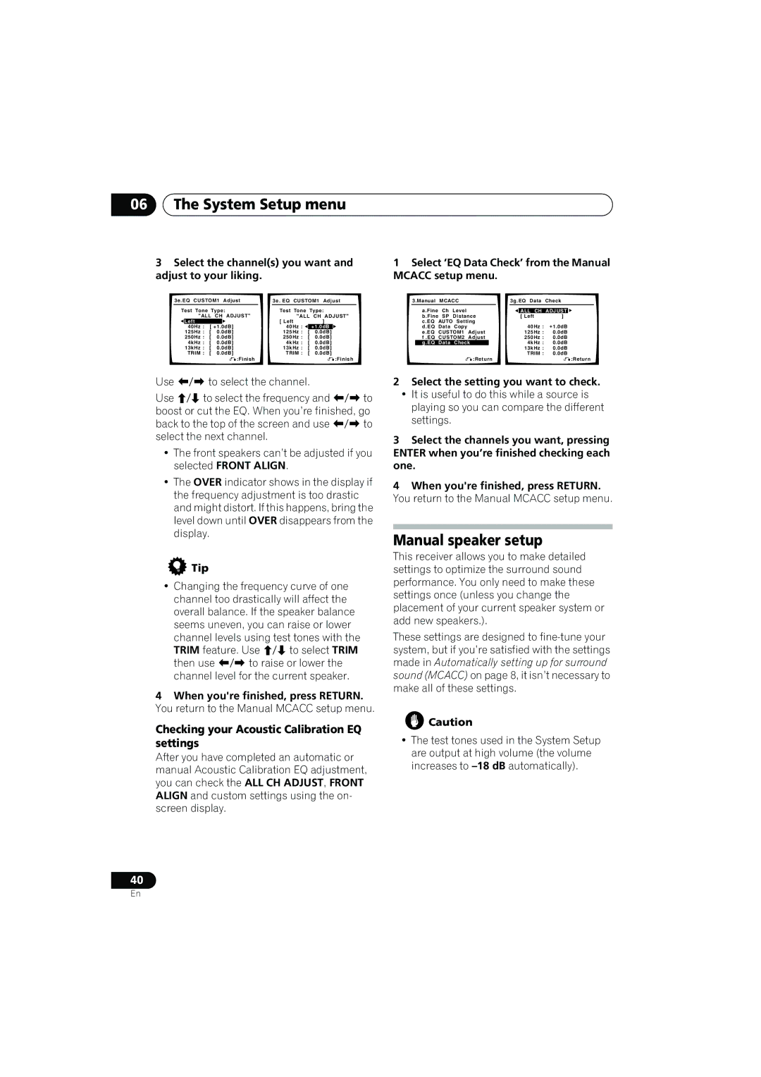 Pioneer VSX-917V manual Manual speaker setup, Checking your Acoustic Calibration EQ settings 