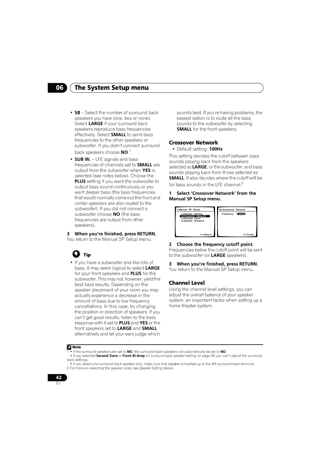 Pioneer VSX-917V manual Channel Level, Select ‘Crossover Network’ from the Manual SP Setup menu 