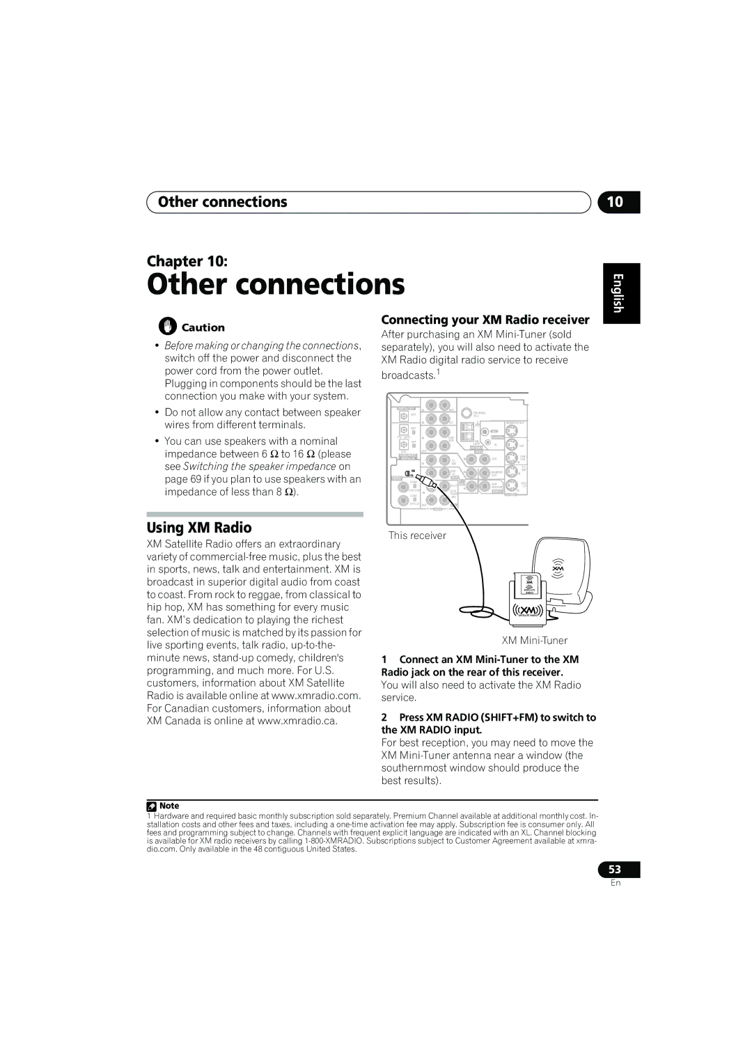 Pioneer VSX-917V manual Other connections Chapter, Using XM Radio, Connecting your XM Radio receiver, Deutsch 