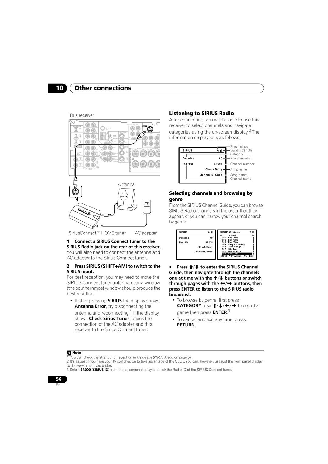 Pioneer VSX-917V manual Listening to Sirius Radio, Press Sirius SHIFT+AM to switch to the Sirius input, One at time with 