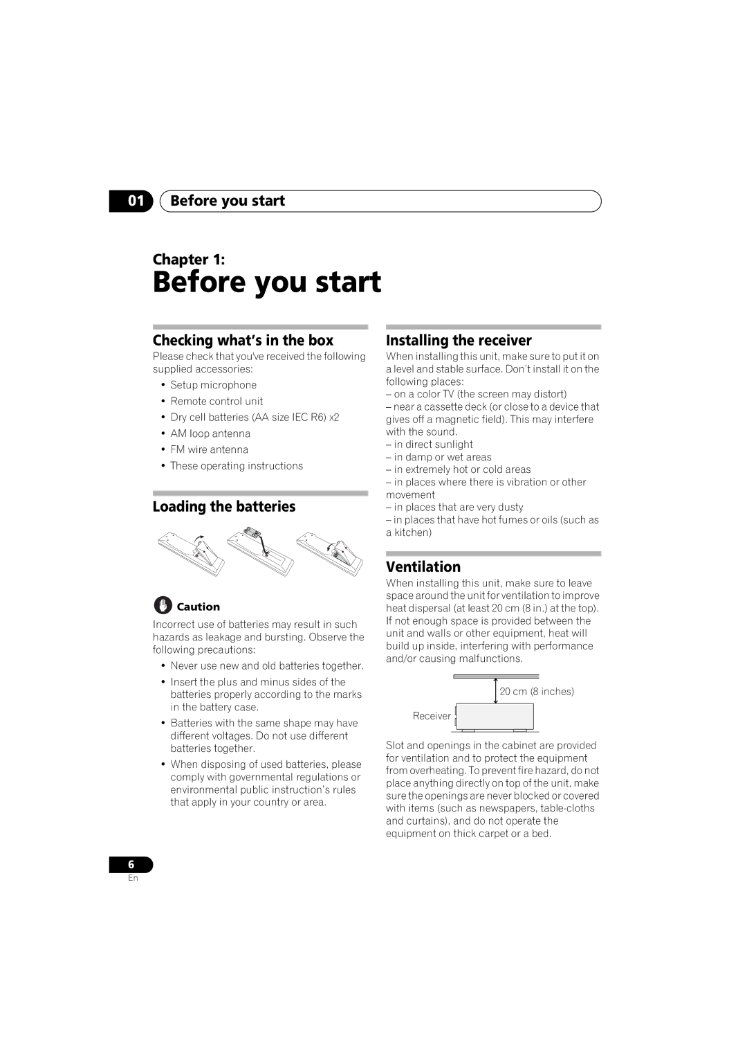 Pioneer VSX-917V manual Before you start Chapter, Checking what’s in the box, Loading the batteries, Ventilation 