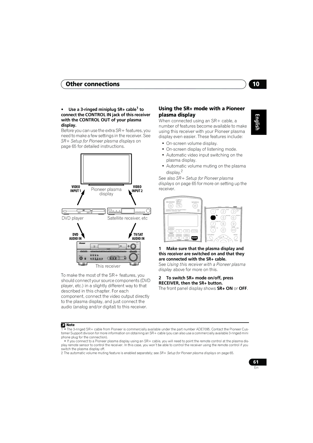 Pioneer VSX-917V manual Using the SR+ mode with a Pioneer plasma display, Display, DVD player Satellite receiver, etc 