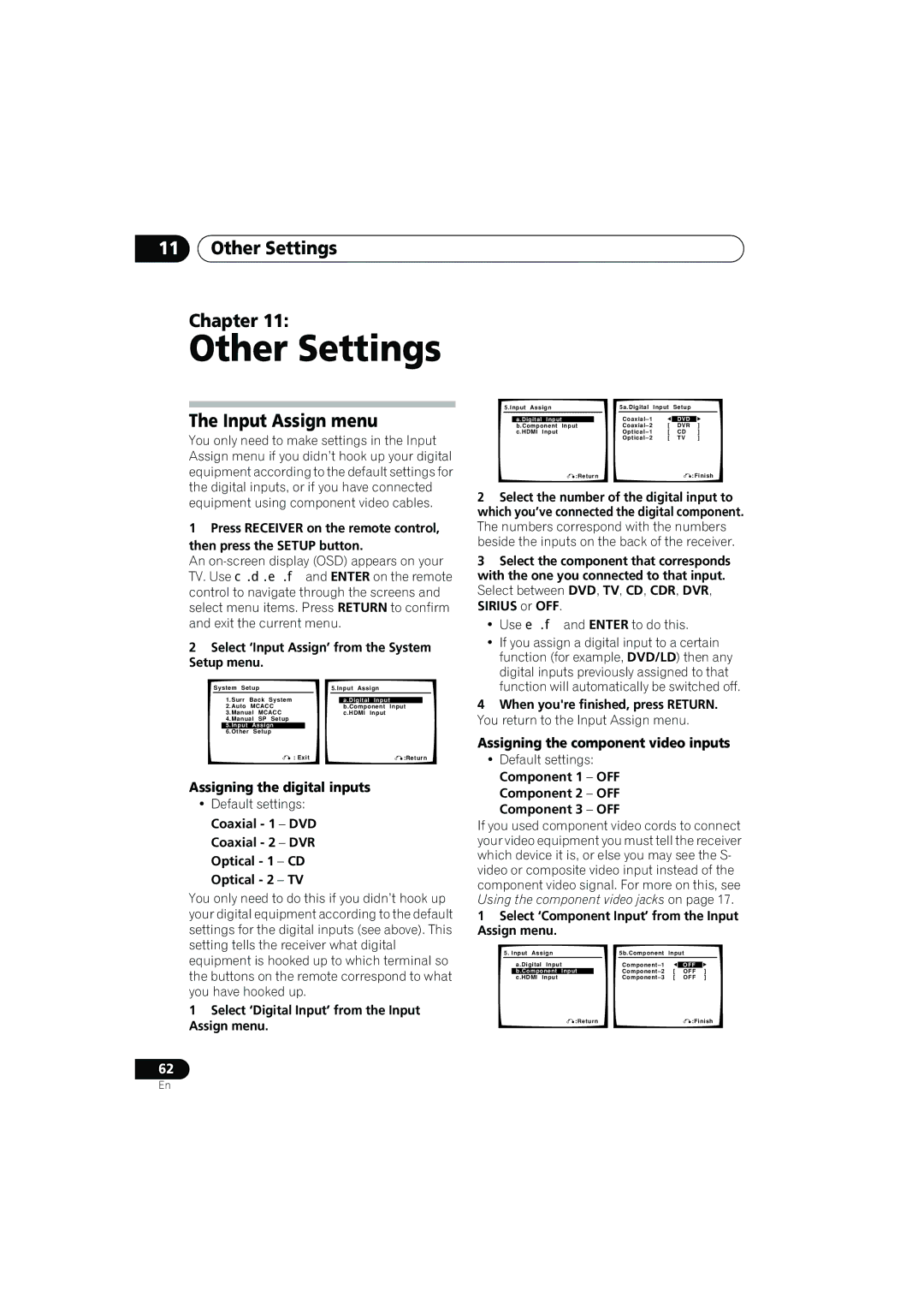 Pioneer VSX-917V manual Other Settings Chapter, Input Assign menu, Assigning the digital inputs 