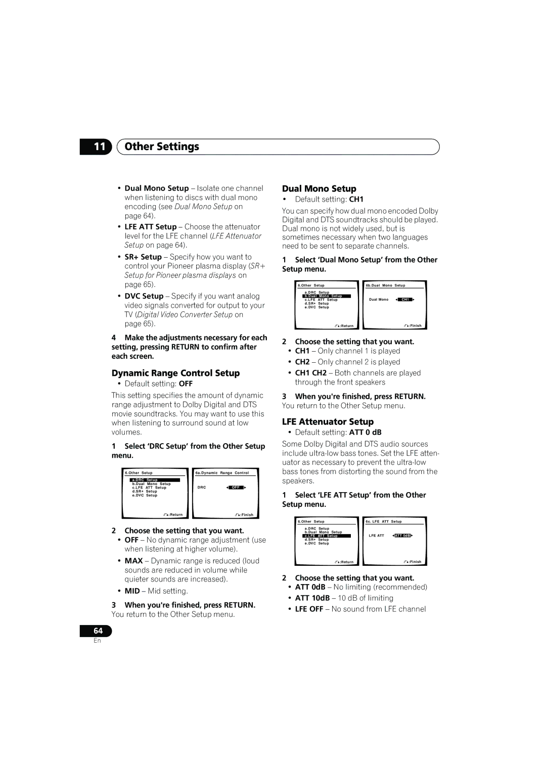 Pioneer VSX-917V manual Dynamic Range Control Setup, Dual Mono Setup, LFE Attenuator Setup 