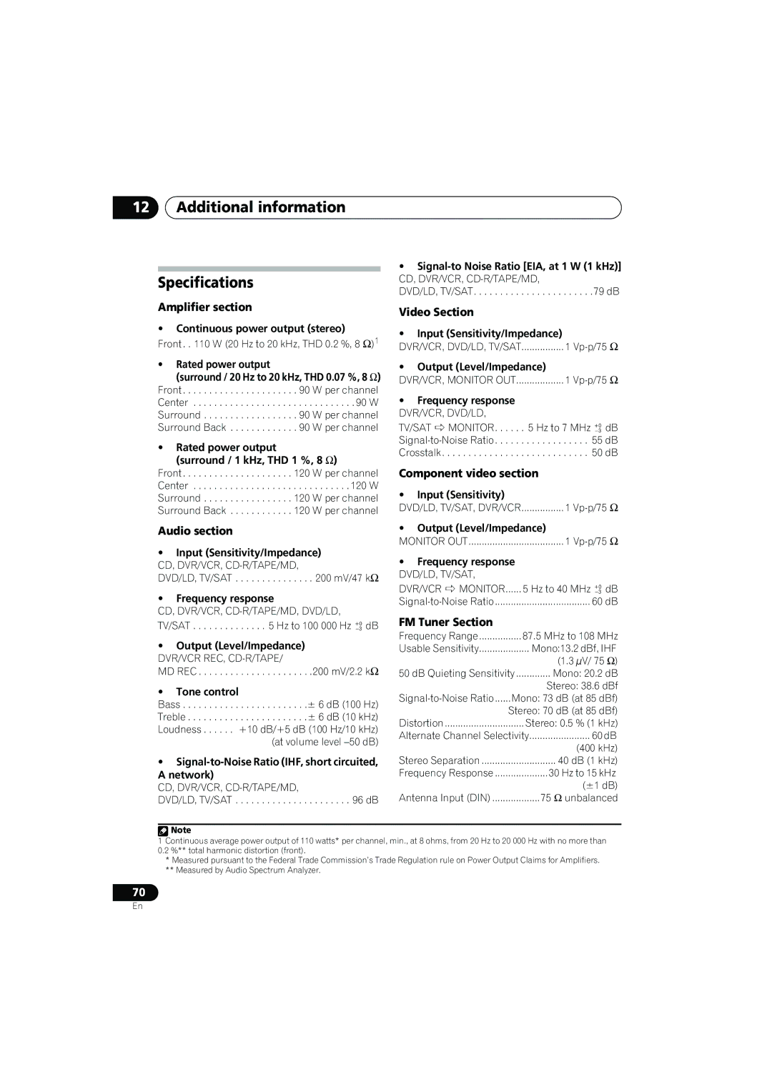 Pioneer VSX-917V manual Additional information Specifications 