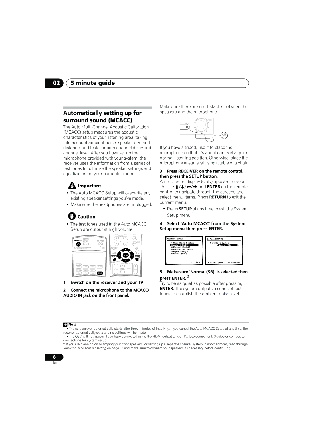 Pioneer VSX-917V manual 02 5 minute guide, Automatically setting up for surround sound Mcacc 